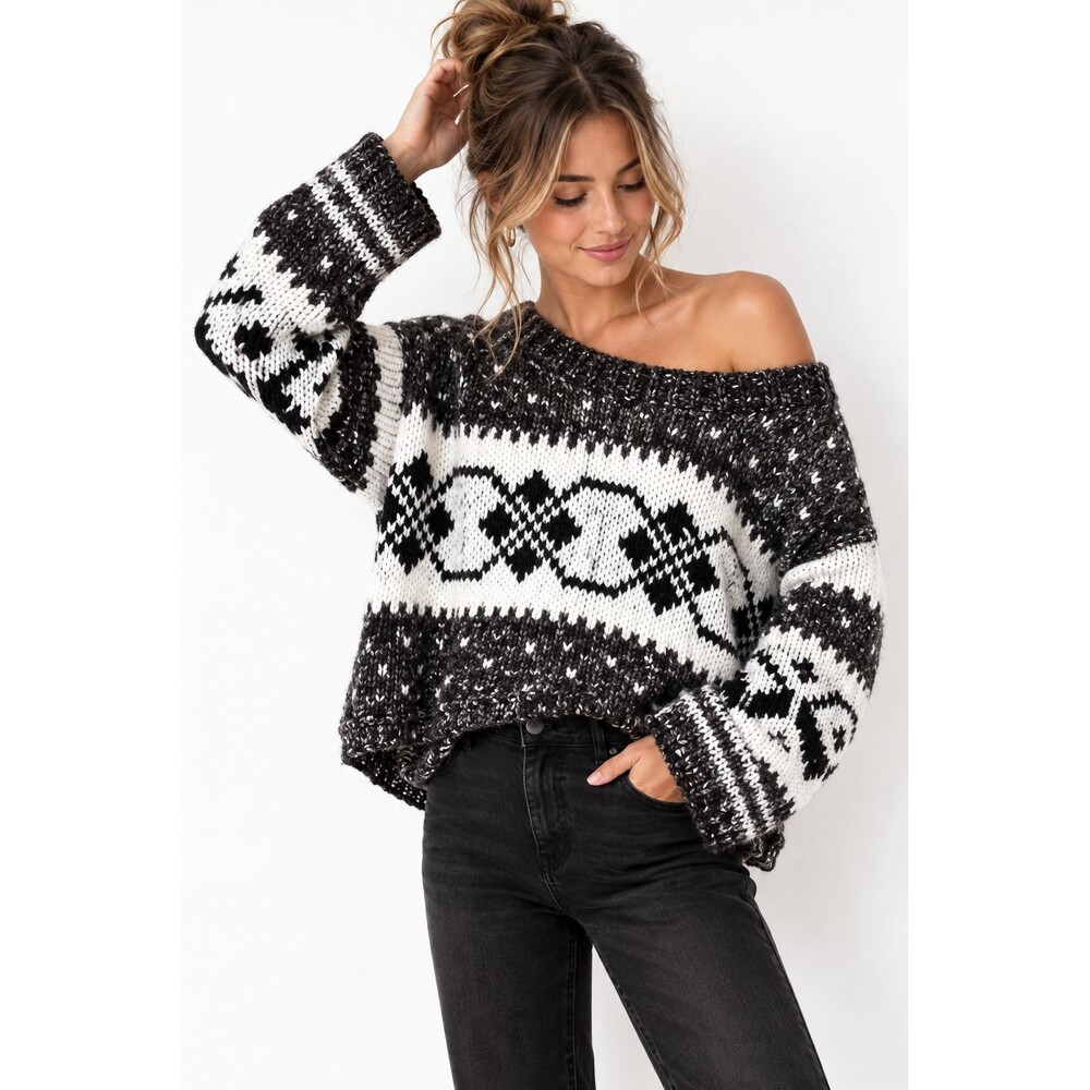 Free People Cropped Fair Isle Sweater Size Small Black Grey Ivory Nordic Lodge